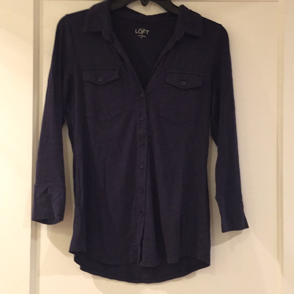 Ann Taylor loft navy blue button down shirt